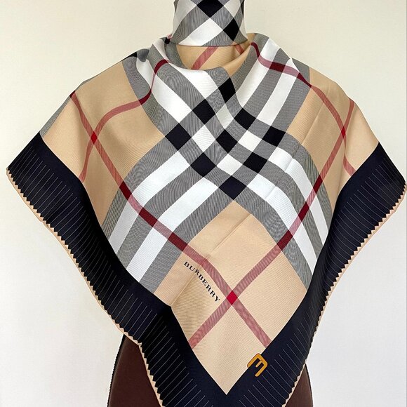 NWT Burberry Beige Check Black Border Silk Scarf - Picture 9 of 16
